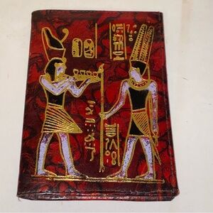 Burgundy Leather Bifold Wallet Gold Embossed Egyptian Anubis Osiris Hieroglyphs